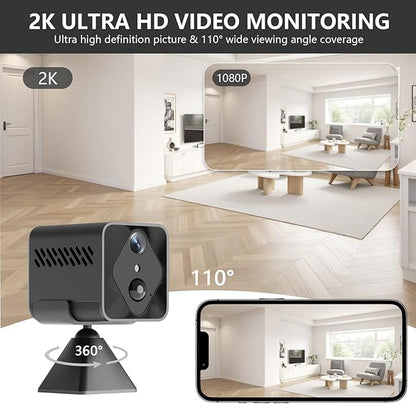 Mini WiFi Wireless Camera, 2K Indoor Hidden Camera for Home Security, Portable Battery Operated Small Camera, Auto Night Vision and APP Remote Viewing, Real-time Alerts