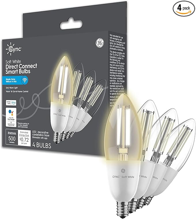 GE CYNC Smart LED Light Bulb, B11 Candle Light Bulb, Works with Amazon Alexa and Google Home, WiFi Light, 60W Equivalent, Soft White, Small Base (Pack of 4)