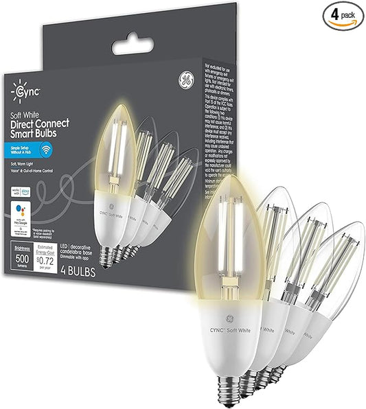 GE CYNC Smart LED Light Bulb, B11 Candle Light Bulb, Works with Amazon Alexa and Google Home, WiFi Light, 60W Equivalent, Soft White, Small Base (Pack of 4)