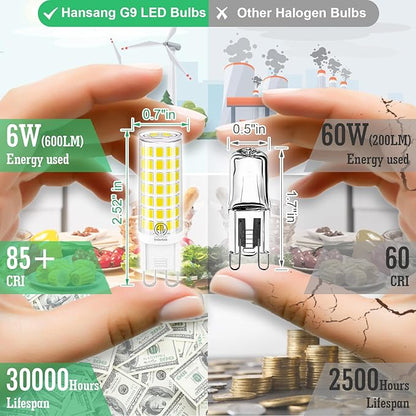 G9 LED Bulb 6W(60W Halogen Equivalent), G9 Light Bulb Bi Pin Base, Natural White 4000K G9 Base Bulbs for Chandeliers, 600LM Non-Dimmable No Flicker, 6 Pack