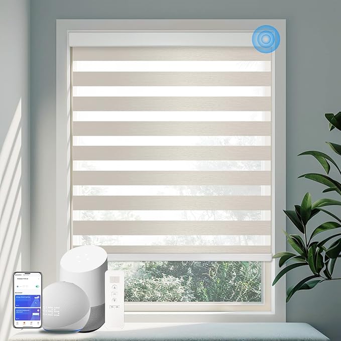 Motorized Zebra Blinds for Windows Cordless Electric Curtains with Remote Control Blackout Shades Custom Smart Blinds Compatible with Alexa Google Home(Light Filtering Beige,W27 X 72in)