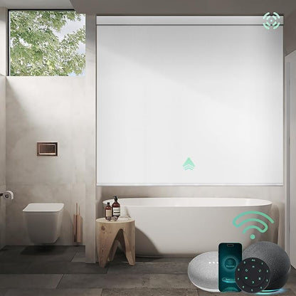 Yoolax Motorized Shower Roller Shades for Bathroom with Remote Control, Automatic Heavy Duty Thick Fabric Shower Curtain Compatible with Alexa, Blackout Battery Solar Powered Blind Custom (White)
