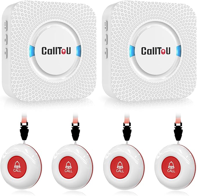 CallToU Caregiver Pager Wireless Call Button Nurse Alert System 500+ Feet for Home/Elderly/Patient/Disabled 2 Plugin Receiver 4 Waterproof Transmitter