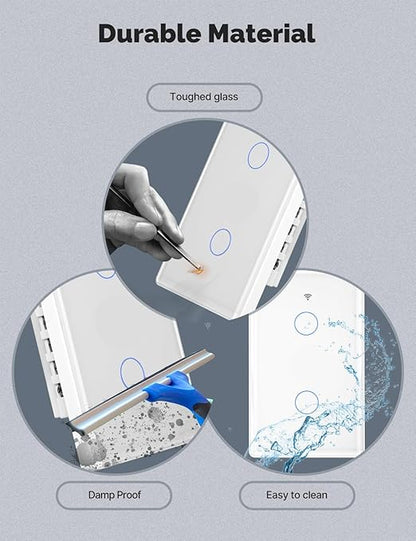 MOES Matter Smart Light Switch, 2.5D Glass Touch Wall Switch, Single Pole, Neutral Wire Required,2.4GHz Wi-Fi, Timer & Schedule, Remote & Voice Control with Alexa & Google Home, White 3 Gang
