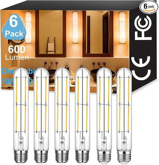 Vinaco 7.3 Inch E26 T10 Tube Bulb Dimmable, 6 Pack T10 Tubular Bulb LED 6W Equal. 60W Warm White 2700k, Clear Glass T10/T30 LED Edison Bulb for Sconce, Floor Lamp, Tall Island Pendant Lamp