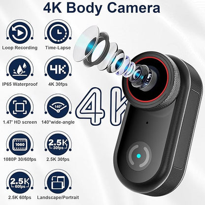 Mini Body Camera with 32GB Card, 4K Wearable Action Camera with 1.47” HD Screen, 140° Wide Angle, Magnetic Necklace & Mounts, APP Sharing, Loop Recording, POV Cam for Work, Sports, Pets & Daily Life