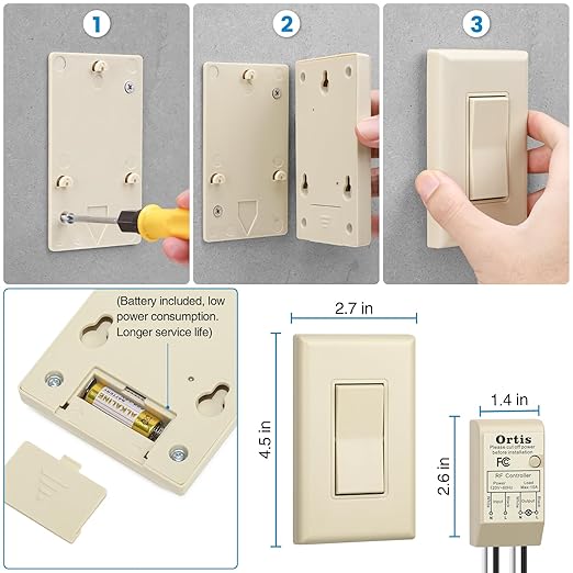 Wireless Light Switch and Receiver Kit, Ortis 300ft RF Range Wireless Wall Switches for Lights, Fans, Battery Included, No Wiring Needed, Light Almond
