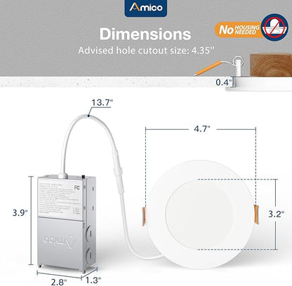 Amico 24 Pack 4 Inch 5CCT Ultra-Thin LED Recessed Ceiling Light with Junction Box, 2700K/3000K/3500K/4000K/5000K Selectable, 10W Eqv 60W, Dimmable Can Light, 800LM High Brightness Downlight - ETL&FCC