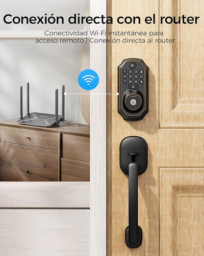 Keyless Entry Deadbolt with Handle Set - WiFi Smart Lock with Camera, 5-in-1 Camera+Doorbell+Fingerprint+Keypad, App Control, Auto Lock, Easy Install, Waterproof for Front Door（Black）