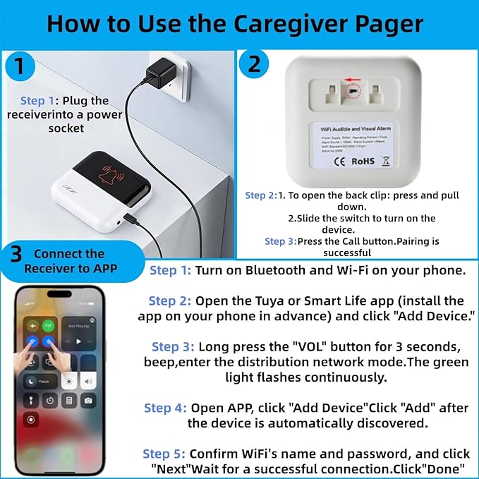 WiFi Caregiver Pager Medical Alert Systems for Seniors No Monthly Fee App Control Alert Button for Seniors at Home,2 Call Button and 1 Receiver,for Elderly,Patients,Disabled