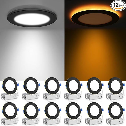 Meconard 12 Pack 4 Inch 5CCT LED Recessed Ceiling Light with Night Light, 2700K/3000K/3500K/4000K/5000K Selectable Ultra-Thin Lighting, 9W=75W, 750LM, Dimmable Canless Wafer Downlight, Black Trim