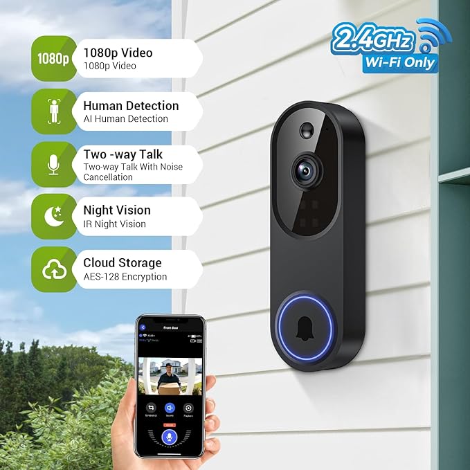 Lunelyx 1080P Wireless Video Doorbell Camera, Outdoor Surveillance Cameras, FHD Live View, Cloud Storage, AI Human Detection, Instant Alert, Night Vision, Two Way Audio, 2.4G WiFi Only