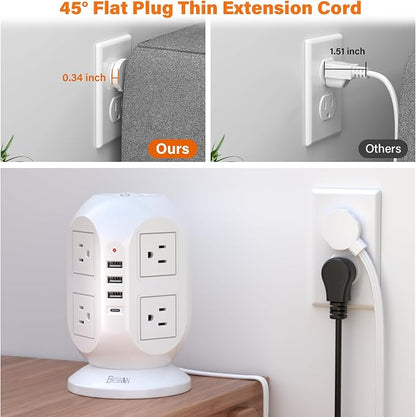 Tower Surge Protector Power Strip 10 ft with 8 Outlets 4 USB Ports(1 USB C), Flat Plug Extension Cord with Multiple Outlets Charging Station for Home Office Dorm, White