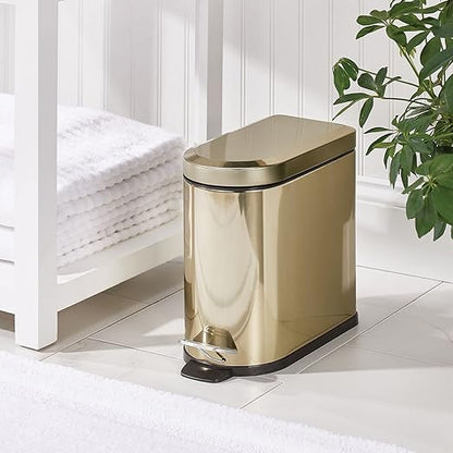 mDesign Small 1.3 Gallon Stainless Steel Metal Step Trash Can Garbage Bin for Bathroom, Bedroom, Home Office, D-Shape Trashcan with Foot Pedal and Lid, Removable Liner Bucket with Handles, Soft Brass