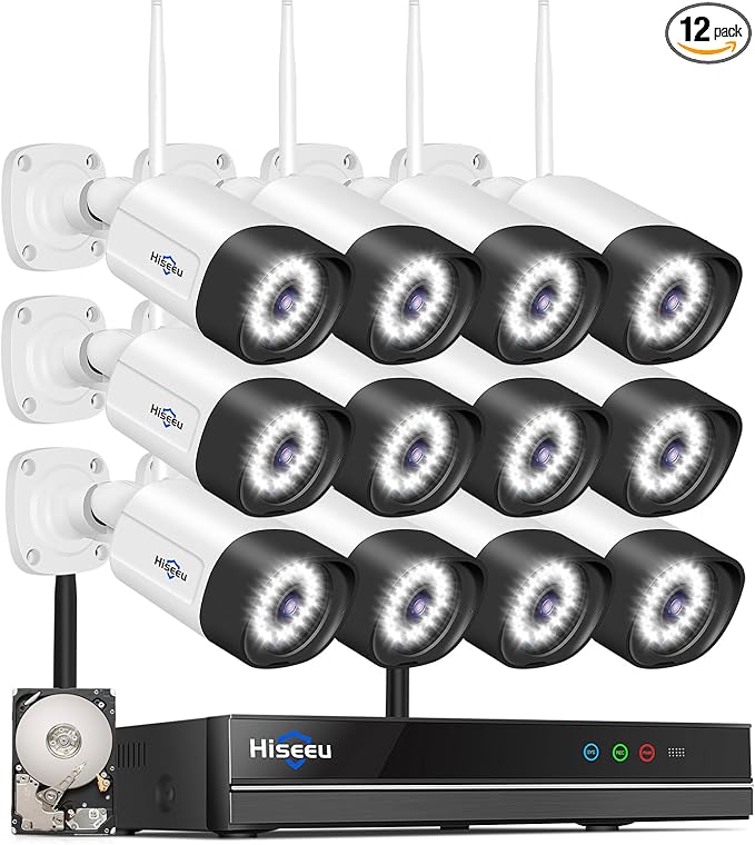 Hiseeu 5MP Wireless Security Camera System with 12 Outdoor Cameras, 16CH WiFi NVR, Color Night Vision, Spotlight & Siren, 2-Way Audio, 3TB Hard Drive, 24/7 Recording, Home Surveillance Kit