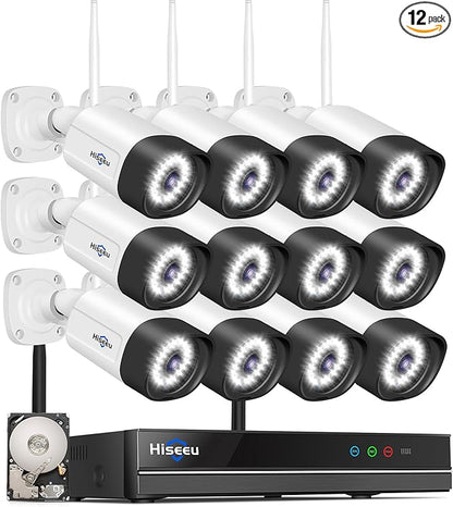 Hiseeu 5MP Wireless Security Camera System with 12 Outdoor Cameras, 16CH WiFi NVR, Color Night Vision, Spotlight & Siren, 2-Way Audio, 3TB Hard Drive, 24/7 Recording, Home Surveillance Kit