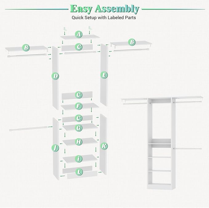 Besiost 4FT Small Closet Organizer System with 4 Hanging Rods & 3 Shelves | 48" Closet System for Small Closets, 80" H Small Closet Organizers and Storage for Bedrooms, Cloakrooms, White
