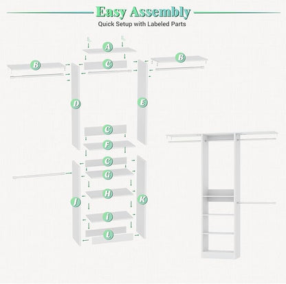 Besiost 4FT Small Closet Organizer System with 4 Hanging Rods & 3 Shelves | 48" Closet System for Small Closets, 80" H Small Closet Organizers and Storage for Bedrooms, Cloakrooms, White