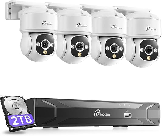 Loocam 8MP CCTV Cameras Security System with 2TB HDD & 8CH NVR, Wired Security Camera System PoE 4K with 4pcs Pan Tilt Security Cameras, AI Human/Vehicle Detection, Two Way Audio, Auto Tracking