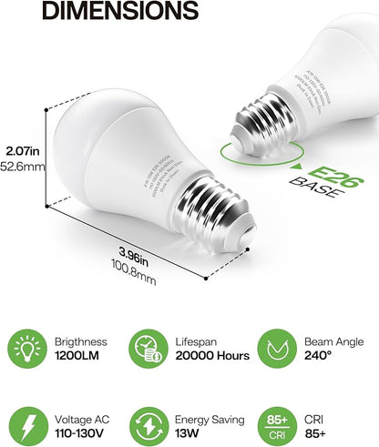 Dusk to Dawn Sensor LED Outdoor Light Bulb, Warm White 3000K, A19 13W(100 Watt Equivalent) Bright Porch Lighting, 1200LM, Auto-On/Off Photocell Sensor for Garage Yard Patio Garden-4 Pack