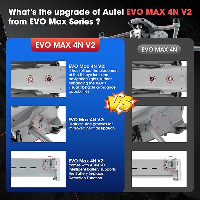 Autel Robotics EVO MAX 4N V2, Starlight Night-Vision/ Wide/ Thermal/ L~aser 4 Cameras in One UAV, Upgrade of MAX 4T V2/ 4N, 5KM Night Vision Observation, A-Mesh 1.0, 720° Obstacle Avoidance, Triple Anti-Jamming, Hot-Swappable, 42 Mins, IP43, Autel SDK