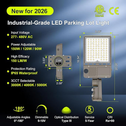 480V LED Parking Lot Light 150W/120W/90W, 3000K 4000K 5000K Adjustable 22500LM 0-10V Dimmable with Photocell, ETL Listed Shoebox Pole Lights Outdoor Arm & Slip Fitter Mount, AC277-480V