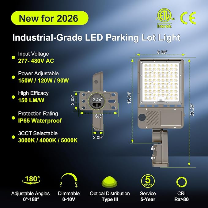 9 Pack 480V LED Parking Lot Light 150W/120W/90W, 3000K 4000K 5000K Adjustable 22500LM 0-10V Dimmable with Photocell, ETL Listed Shoebox Pole Lights Arm & Slip Fitter Mount, AC277-480V