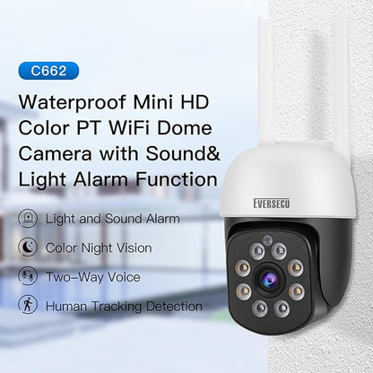 EVERSECU 2K 3.0MP Outdoor WiFi PTZ Security Camera, 2.4G WiFi, Auto Tracking, 2 Way Audio, Spot Night Vision, Compatible with Alexa, SD Card & Cloud Storage, ONVlF Compliant RTSP IP CCTV Camera(4pcs)