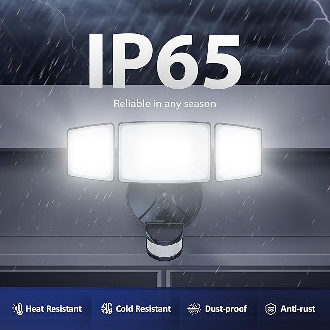 Onforu 3 Pack 75W Motion Sensor Outdoor Lights, 7000lm Dusk to Dawn Flood Light, LED Security Light with 3 Head, IP65 Waterproof Exterior Floodlight, 6500k Wall Light for Entryway Stairs Yard Garage