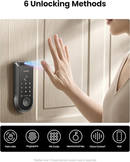 Lockin Veno Smart Deadbolt Lock with Dual Swappable Batteries for 14-Month Extended Power, Palm Vein & Fingerprint Keyless Entry, Built-in Wi-Fi, Doorbell, App Remote Control, IP65 Waterproof