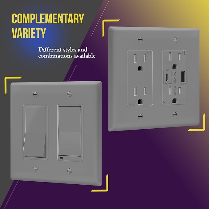 ENERLITES Double Decorator Switch Cover, Two Outlet Wall Plate, Mid-Size 2-Gang 4.88" x 4.92", Unbreakable Polycarbonate Thermoplastic, UL Listed, 8832M-GY, Gray