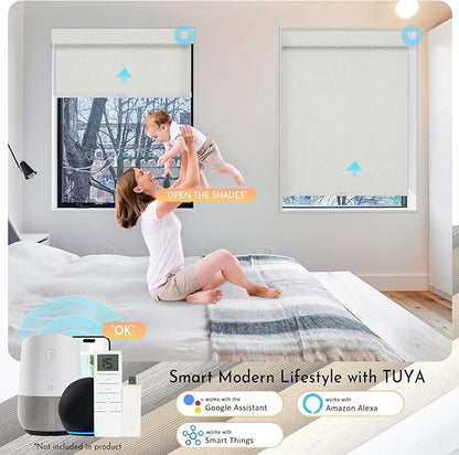 Persilux Smart Motorized Blinds with Remote, No Drill Automatic Roller Shades for Indoor Windows, Blackout Linen Fabric, Electric Blinds for Windows, Weave Mat C162BO-2, Custom Size