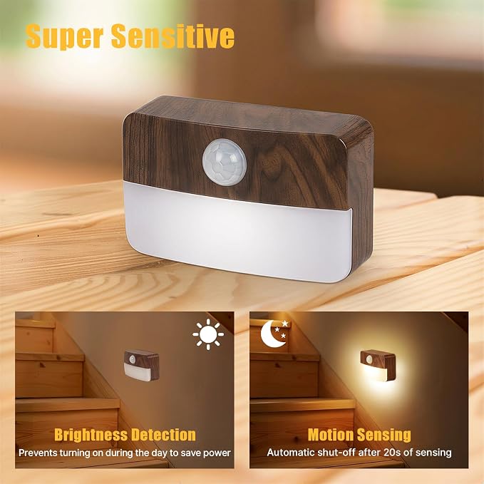 Guankai 16 Pack Motion Sensor Stair Light for Indoor, Battery Operated Closet Lights, Wireless Stick on Anywhere Hallway Lamp, Portable Led Night Lamps for Bedroom Under Cabinet Kitchen, Wood Grain