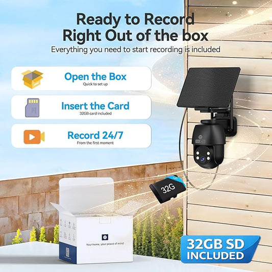 MUBVIEW 24/7 Continuous Recording Wireless Outdoor Security Camera, 2.4G WiFi, 2K Solar Powered, 360° PTZ, Auto Tracking, SD Included, Optional Cloud Storage, AI Detection, Night Vision(Black,1 Pack)