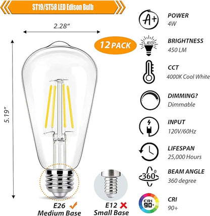12 Pack 4000K Cool White Dimmable LED Light Bulbs 40W Equivalent, E26 Base Edison Bulbs 40 Watt, Vintage 4W LED Bulbs, Decorative ST19 Bulbs for Ceiling Light Fixtures