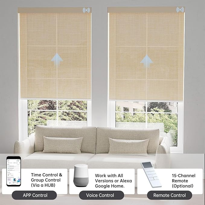 Motorized Blinds with Remote, Light Filtering Smart Blinds for Windows Automatic Roller Shades Compatible with Alexa, Motorized Shades Customized for Living Room Home Office (Light Coffe)