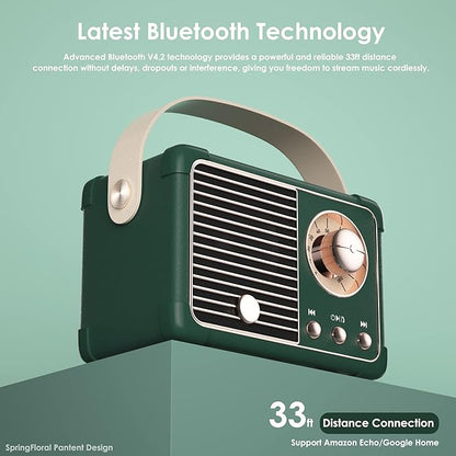 Retro Bluetooth Speaker, Small Bluetooth Speaker Wireless for Indoor Outdoor, Vintage Home Office Decor, Perfect for Party Desk Kitchen Hiking Beach Travel, Gift Ideas Green