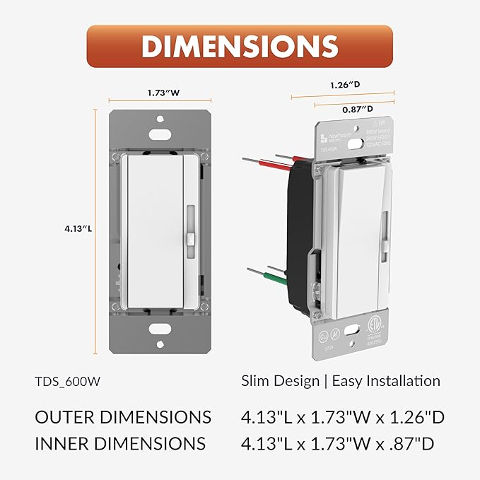 Newhouse Electric Slide Dimmer Switch for Dimmable LED, Halogen, and Incandescent Bulb TDS-600W, Modern Wall Light Dimmer Switch for Contemporary Interior Design