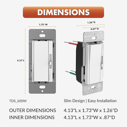 Newhouse Electric Slide Dimmer Switch for Dimmable LED, Halogen, and Incandescent Bulb TDS-600W, Modern Wall Light Dimmer Switch for Contemporary Interior Design