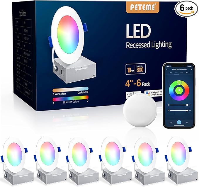 Peteme Smart LED Recessed Lighting 4 Inch, IC Rated ETL Certified, Canless | Ultra-Thin Downlight for Soffit, RGBCW Color Changing Recessed Ceiling Light with J-Box, Work with Alexa, 10W 800LM 6Pcs