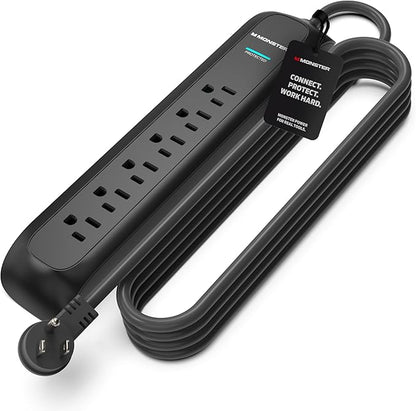 Monster Surge Protector Power Strip, 6 Outlets, 120V, 15A, 15 ft Cord with Right Angle Plug, Type A/B Plug, 300 Joules, On/Off Switch, Black