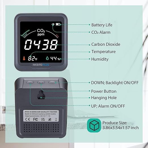 INKBIRDPLUS Ndir Air Quality Monitor Indoor with Battery Powered | 3 in 1 Detect for CO2 & Temperature & Humidity | for Home, Office, RV, Grow Tent (PTH-9C)