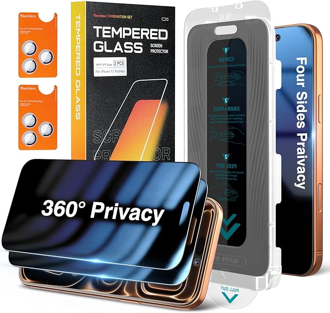 Elecshion 4 Way 360° Anti Spy for iPhone 17 Pro Max Privacy Screen Protector + Camera Lens Protector (2+2), Auto-Align Kit, 10X Military Shatterproof Anti Peep Tempered Glass Film for 17 Pro Max