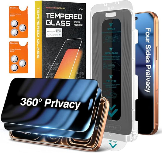 Elecshion 4 Way 360° Anti Spy for iPhone 17 Pro Max Privacy Screen Protector + Camera Lens Protector (2+2), Auto-Align Kit, 10X Military Shatterproof Anti Peep Tempered Glass Film for 17 Pro Max