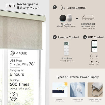 Motorized Light Filtering Roller Shades with Remote Control, Electric Smart Shades Compatible with Alexa and Google, Rechargeable, Customizable Size (Flax Beige)