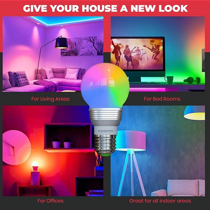 Kobra LED Color Changing Light Bulb with Remote Control (4-Pack) - 16 Different Color Choices Smooth, Fade, Flash or Strobe Mode - Smart Remote Lightbulb - RGB & Multi Colored