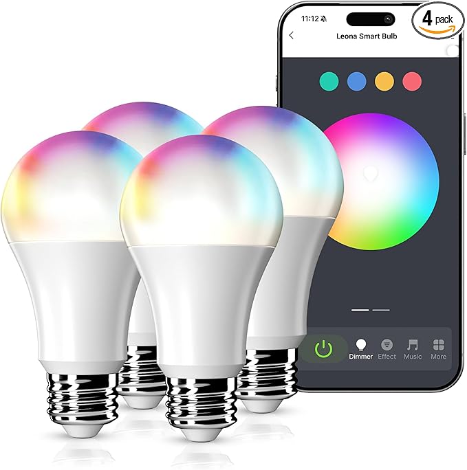 Leona Smart Bulb, RGB Color Changing +Tunable White, WiFi, E26 Base, 9W LED, 800 Lumens, App-Controlled, Voice Compatible, 2700K-6500K (4-Pack)