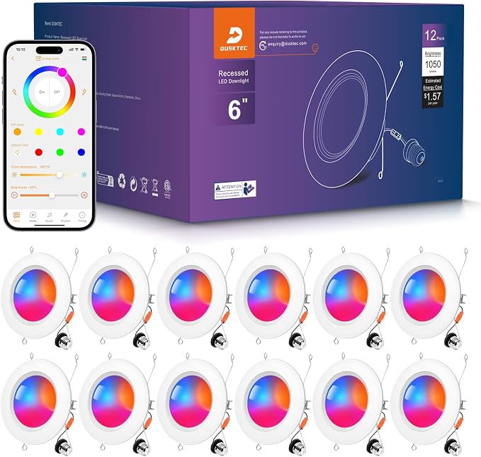 DUSKTEC Recessed Lighting 6 Inch,Smart Color Changing LED Can Light,1050LM | Compatible with Alexa, 32 Modes, 9 Scenes, Timer, CRI 90, 13W Retrofit Recessed Ceiling Light, Voice and APP Control