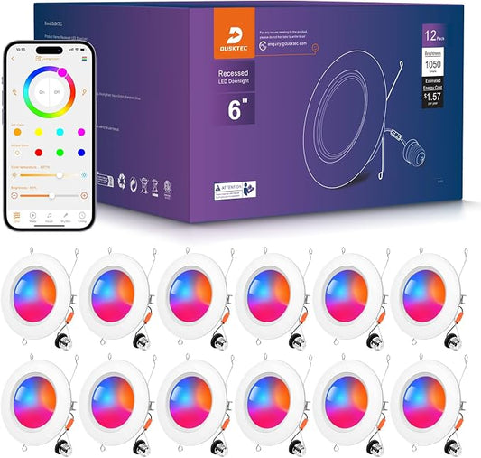 DUSKTEC Recessed Lighting 6 Inch,Smart Color Changing LED Can Light,1050LM | Compatible with Alexa, 32 Modes, 9 Scenes, Timer, CRI 90, 13W Retrofit Recessed Ceiling Light, Voice and APP Control