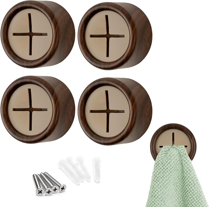 S&T INC. Adhesive Push Towel Hooks, 4 Pack, Walnut | 2 Installation Options, Round Hooks for Kitchen, Bathroom, Garage and Home Use, Organization Hooks, Strong Grip